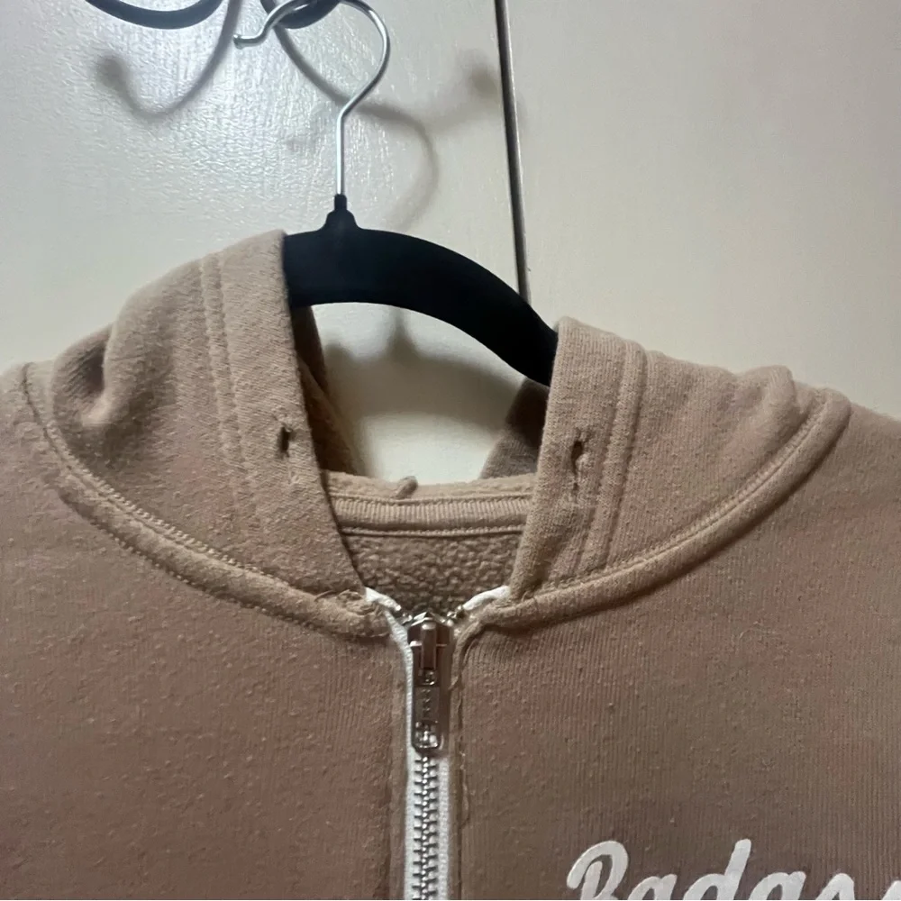 Tan and White Zip-Up ‘Badass Motha’ Hoodie Jacket